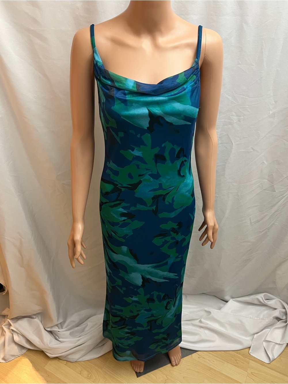 PrettyGarden Blue Green Floral Cowl Neck Maxi Dress Size Small